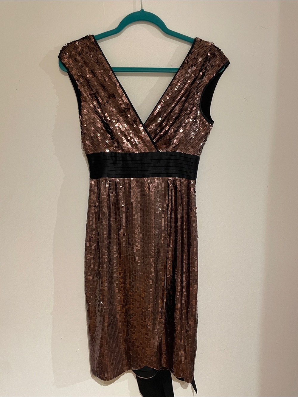 BCBGMaxAzria Copper Sequin Midi Dress with Black Waistband